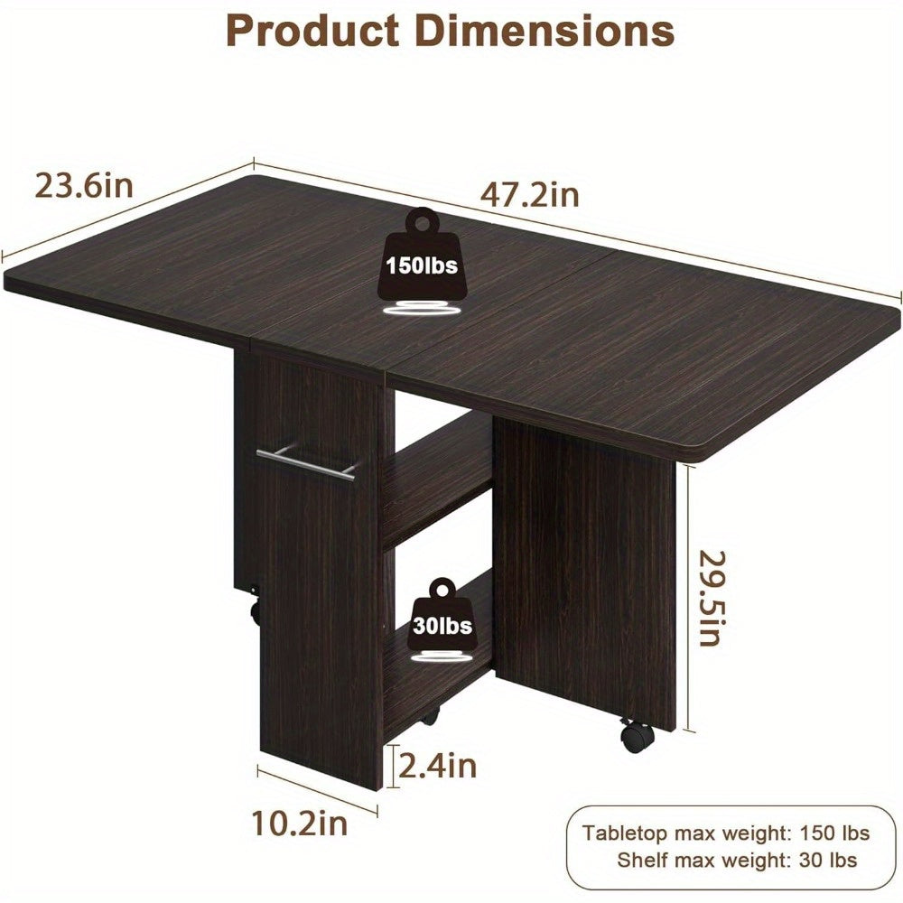 Folding Dining Table, Drop Leaf Dining Table with 6 Wheels and 2-Layer Storage Shelf, Space Saving Dining Table for Small Spaces