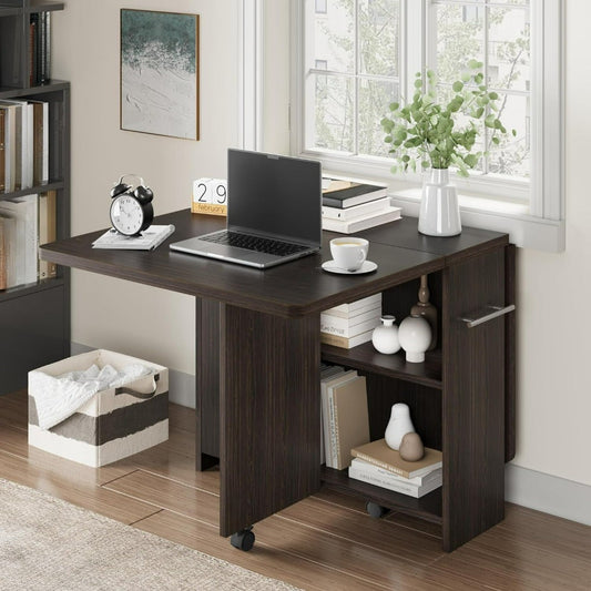 Folding Dining Table, Drop Leaf Dining Table with 6 Wheels and 2-Layer Storage Shelf, Space Saving Dining Table for Small Spaces