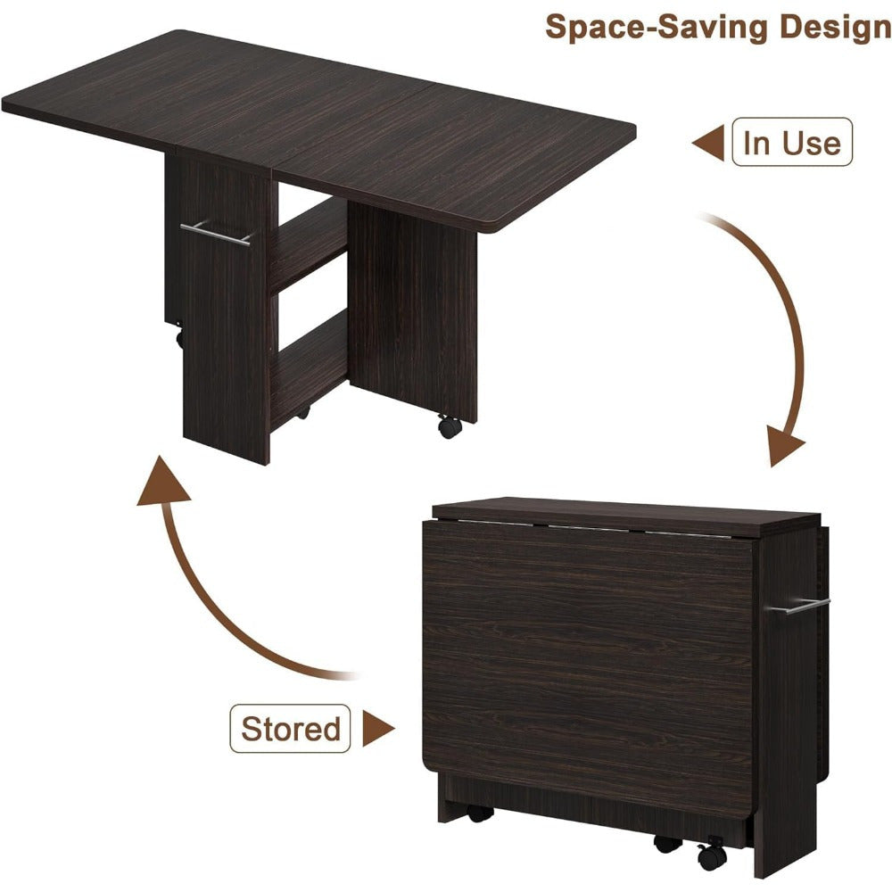 Folding Dining Table, Drop Leaf Dining Table with 6 Wheels and 2-Layer Storage Shelf, Space Saving Dining Table for Small Spaces