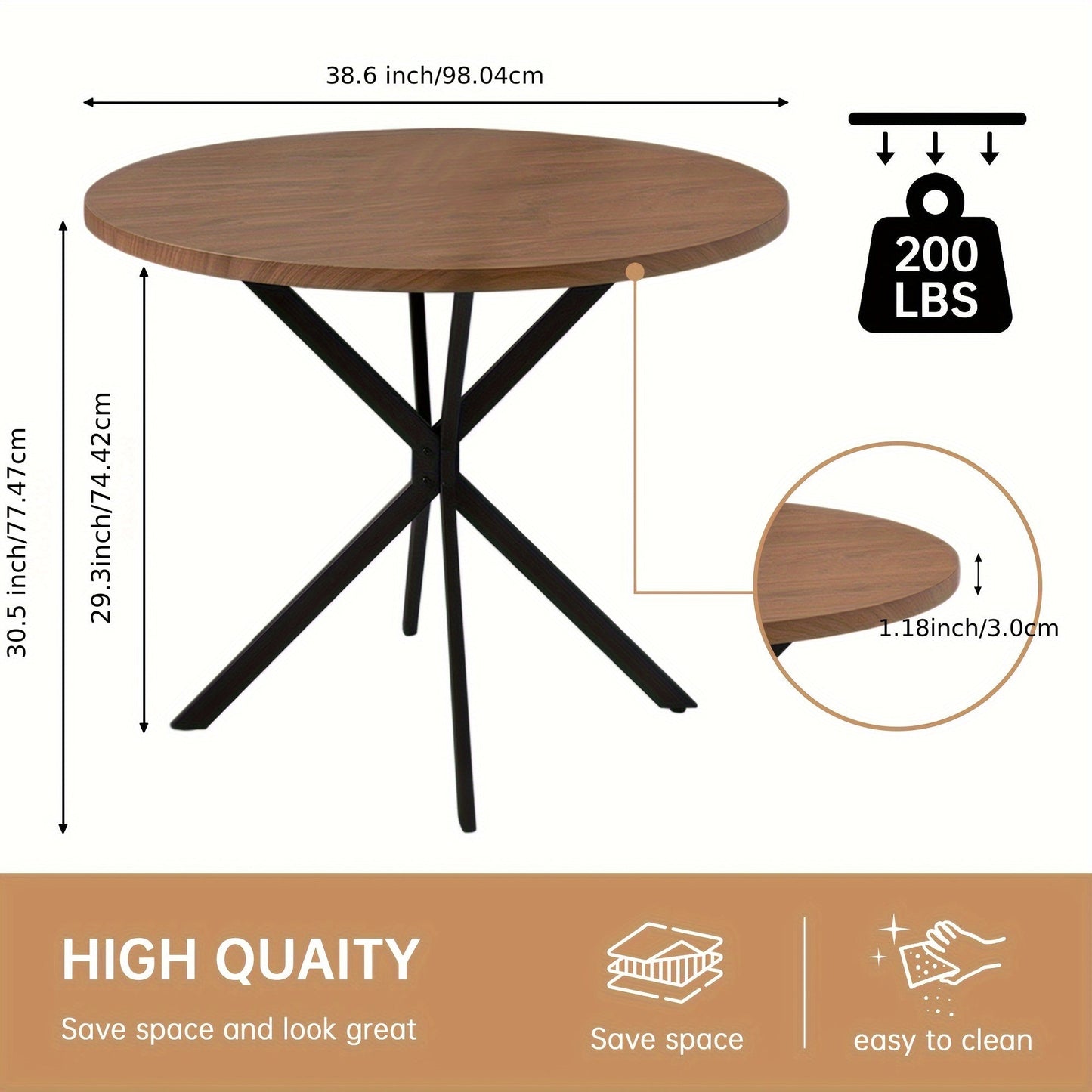Mid-Century Modern 39 Inch Walnut Round Dining Table