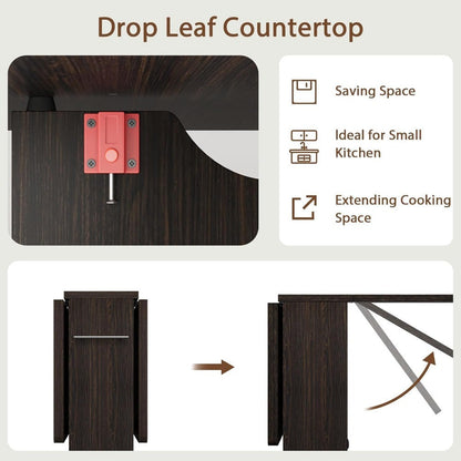Folding Dining Table, Drop Leaf Dining Table with 6 Wheels and 2-Layer Storage Shelf, Space Saving Dining Table for Small Spaces