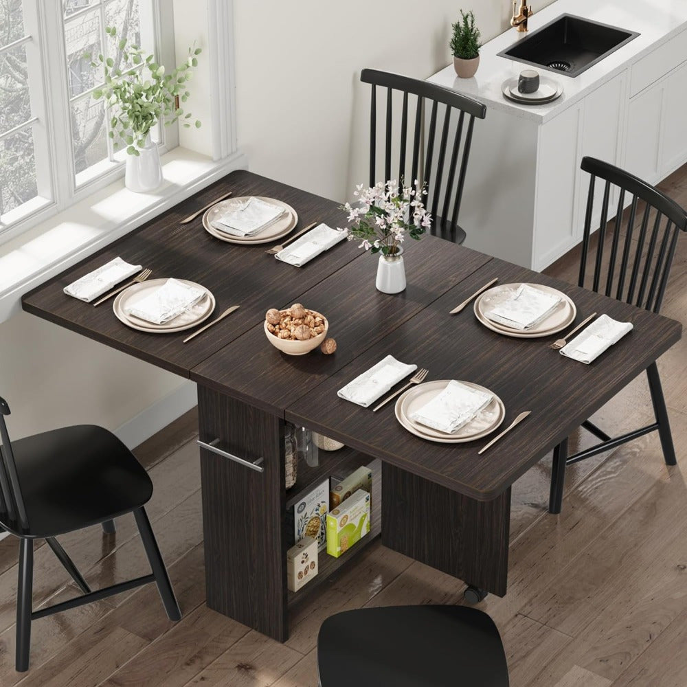 Folding Dining Table, Drop Leaf Dining Table with 6 Wheels and 2-Layer Storage Shelf, Space Saving Dining Table for Small Spaces