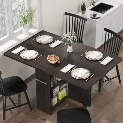 Folding Dining Table, Drop Leaf Dining Table with 6 Wheels and 2-Layer Storage Shelf, Space Saving Dining Table for Small Spaces